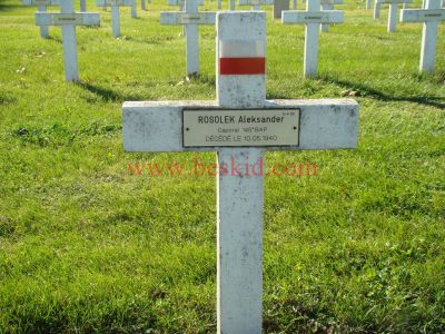 ROSOLEK Aleksander
33 ans
Né 06.09.1906
Décès 10.05.1940 Bron (69) 
Lors du bombardement de l'aéroport de Bron
Estampille 276/D
145ème Bataillon Aviation Polonaise
Caporal
Provenance Lyon-Guillotière 5/3-I-14
Inhumation 30.09.1957 - PV 2240
Carré D - Rang 4 - Tombe 30
Copyright Frania
